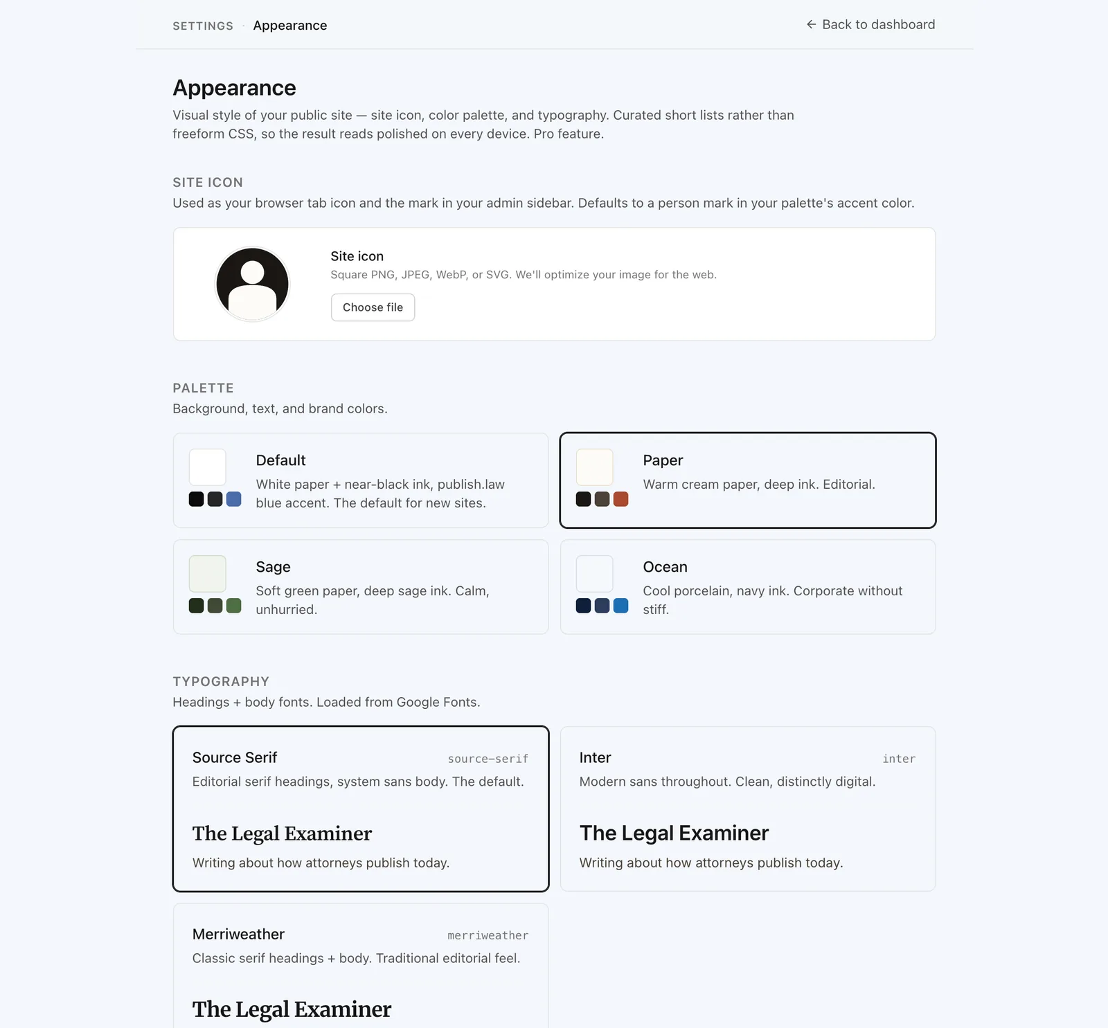 The Appearance settings page