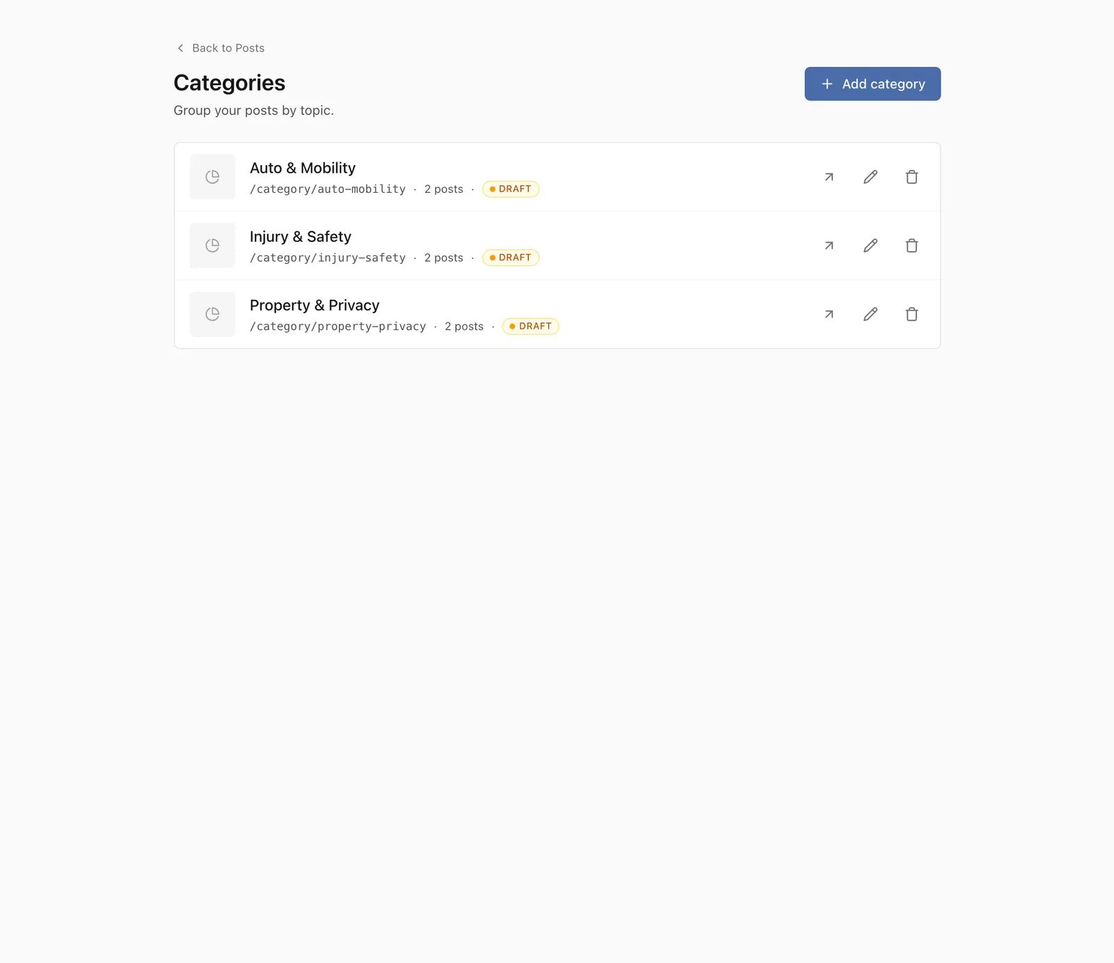 The categories management page