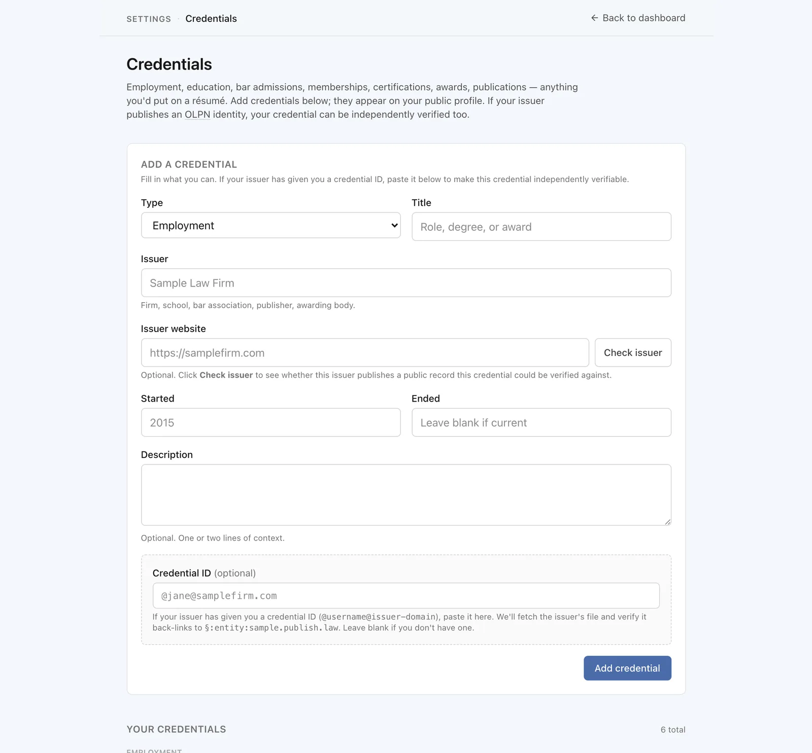 The Credentials settings page