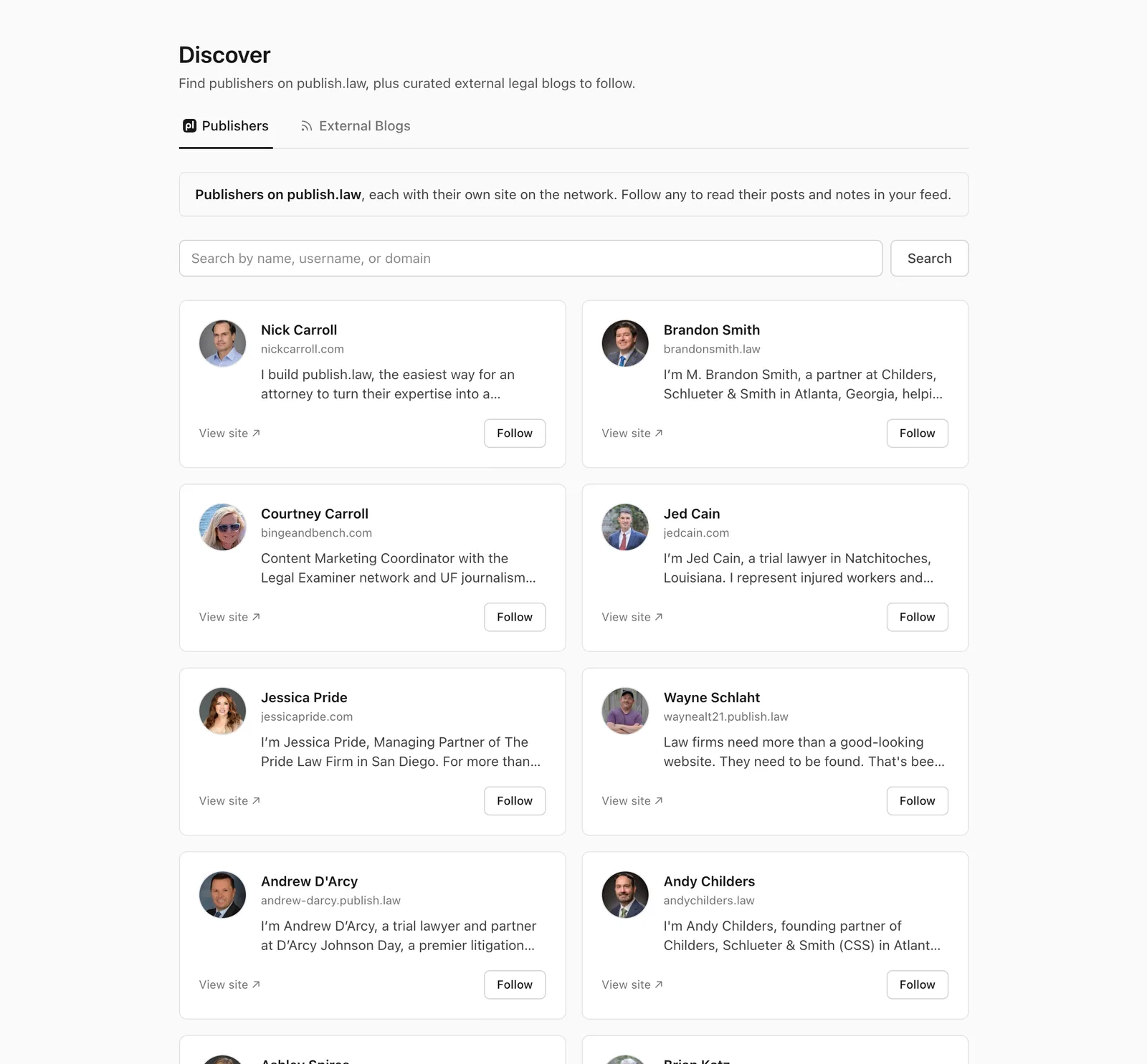 The Discover page listing publishers to follow