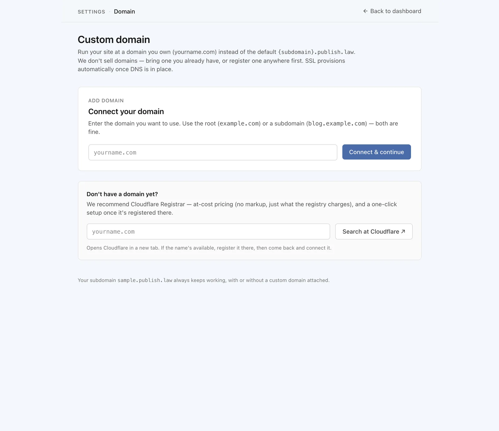 The Domain settings page