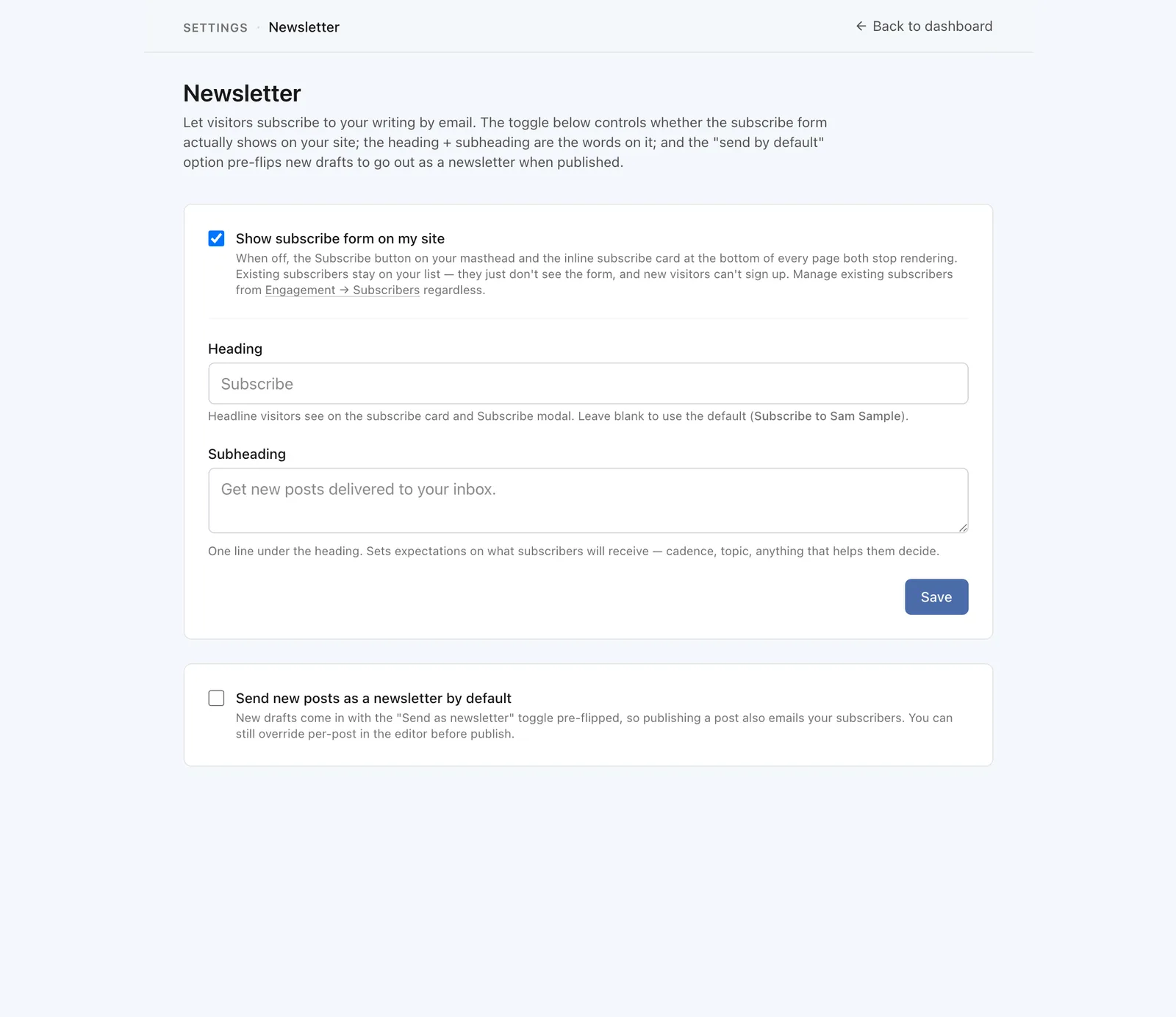The Newsletter settings page