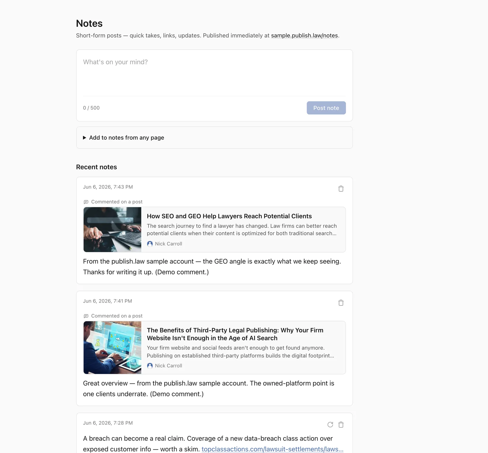 The note composer on the dashboard