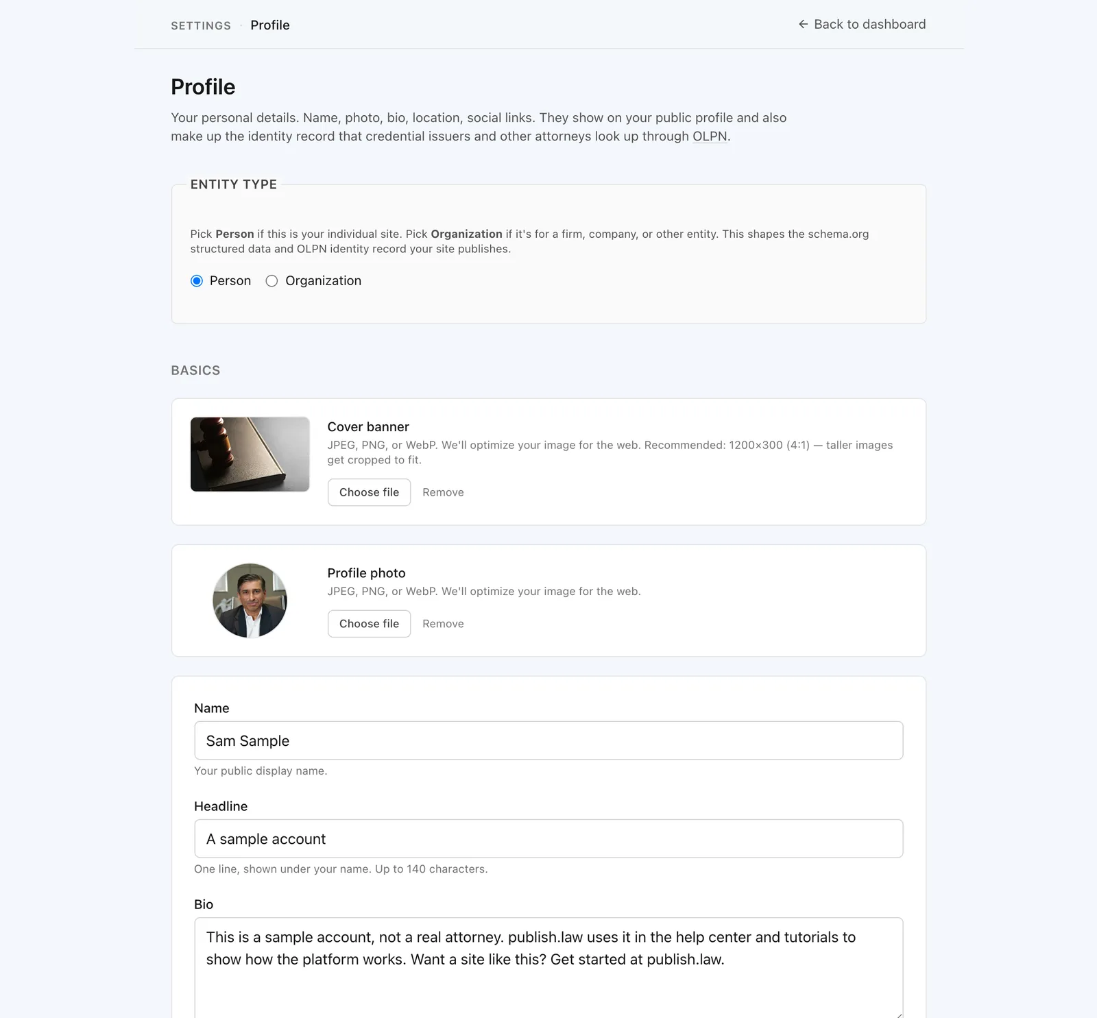 The Profile settings page with photo, name, headline, and bio fields