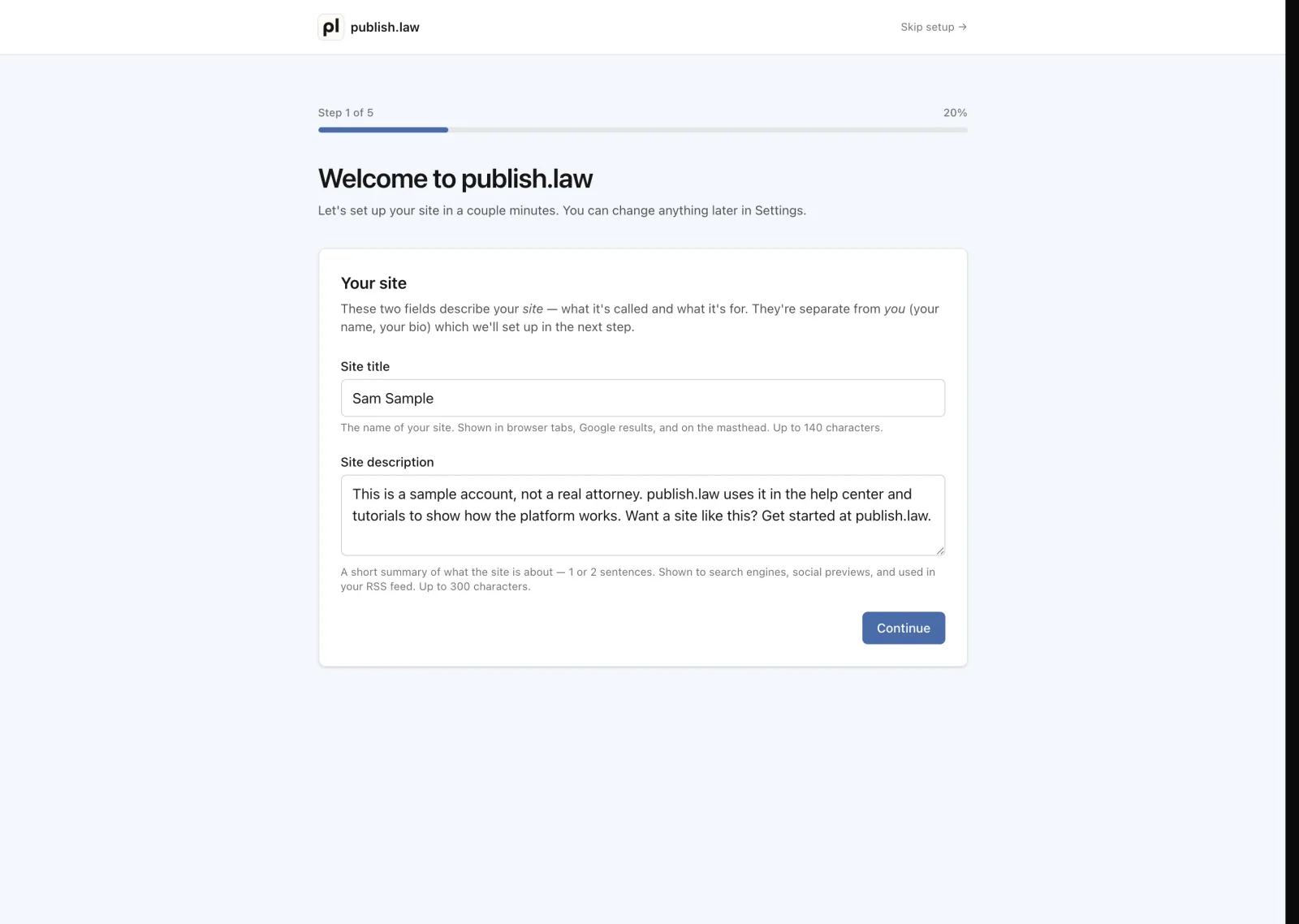 The publish.law first-run setup wizard, showing the first step